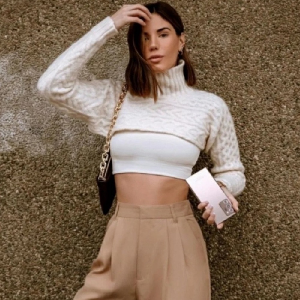 Zara Cream Turtleneck Cable Knit Arm Sweater M-L